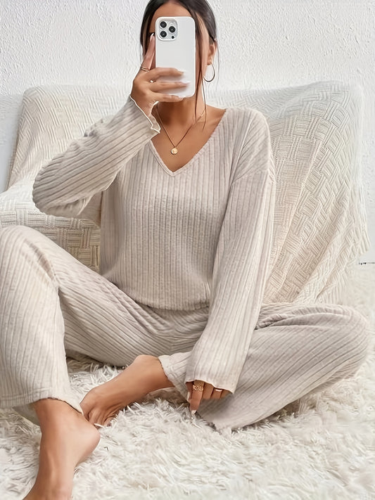 Pyjama-Set mit langen Ärmeln und Rippenmuster